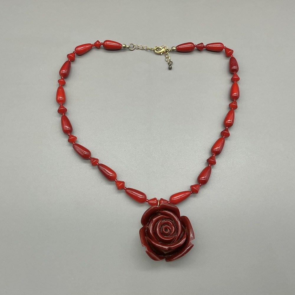 Necklace Red Beaded Rose Flower Pendant Resin Womens Bold Statement Jewelry - Picture 2 of 7